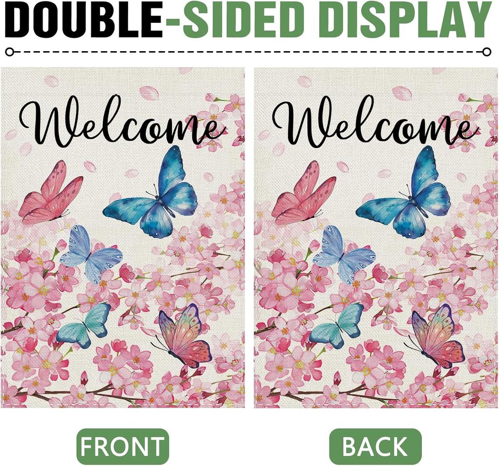 Dyrenson Welcome Spring Butterfly Floral Decorative Garden Flag, Pink Cherry Blossom Flower Yard Outside Home Decoration, Su