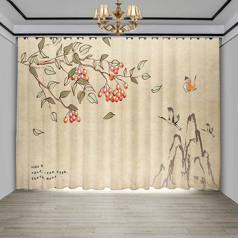 Nova cortina chinesa flor pássaro sala de estar flor borboleta paisagem tinta pintura janela tela cortina cortina chinesa 2 peças