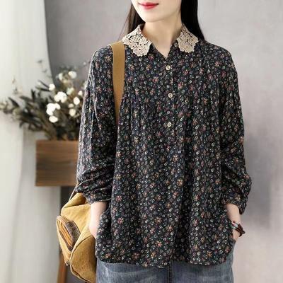 Women Long Sleeve Casual Shirts Spring Vintage Style Lace Collar Floral Print Loose Female Cotton Tops Shirt