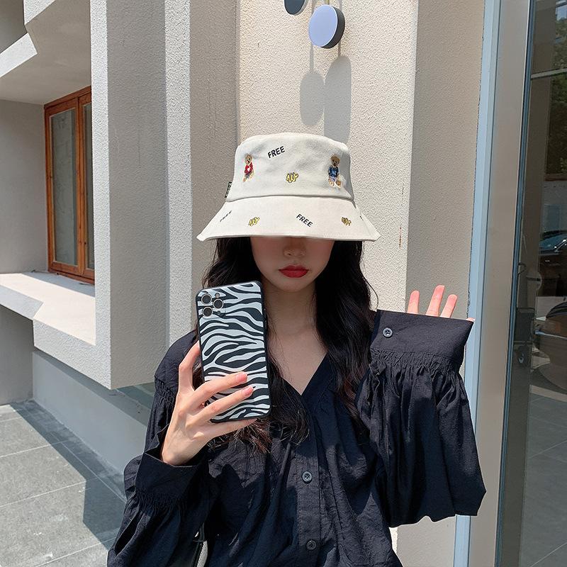 Hat female embroidery cartoon bear bucket hat versatile sunscreen sun hat student face cover spring and autumn basin hat tide