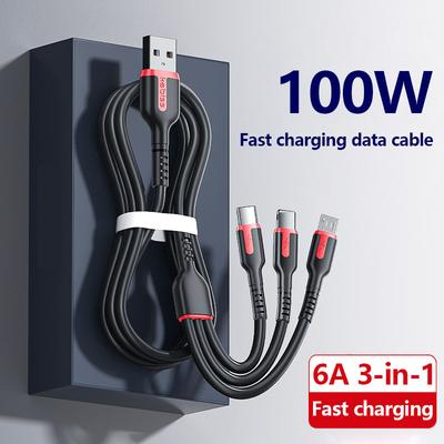 Câble de chargement de données trois en un, 100W, Super rapide, adapté au téléphone Apple type-c Android, 6A un à trois