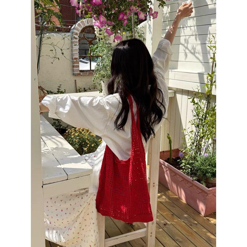

Summer New Holiday Large Capacity Woven Bag Retro Red Hollow Knitting One Shoulder Underarm Tote Bag Women Red
