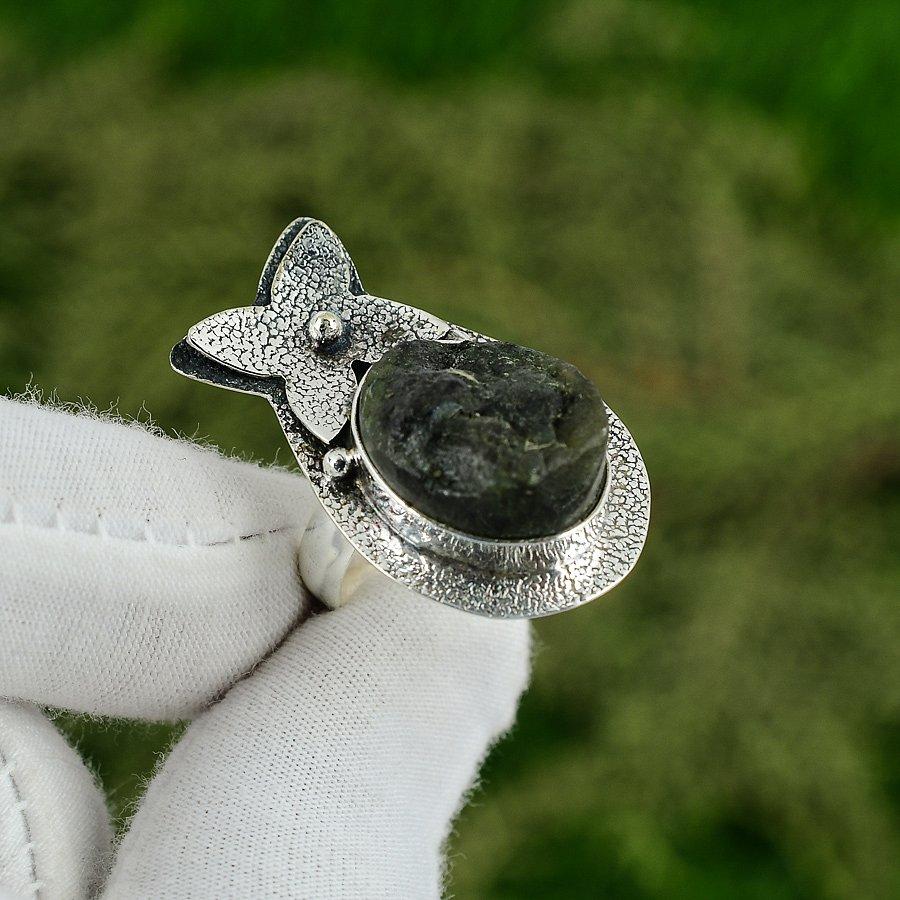 

Natural Green Stone Rough 925 Silver Trendy Bezel Promise Wedding Solitaire Ring Adjustable