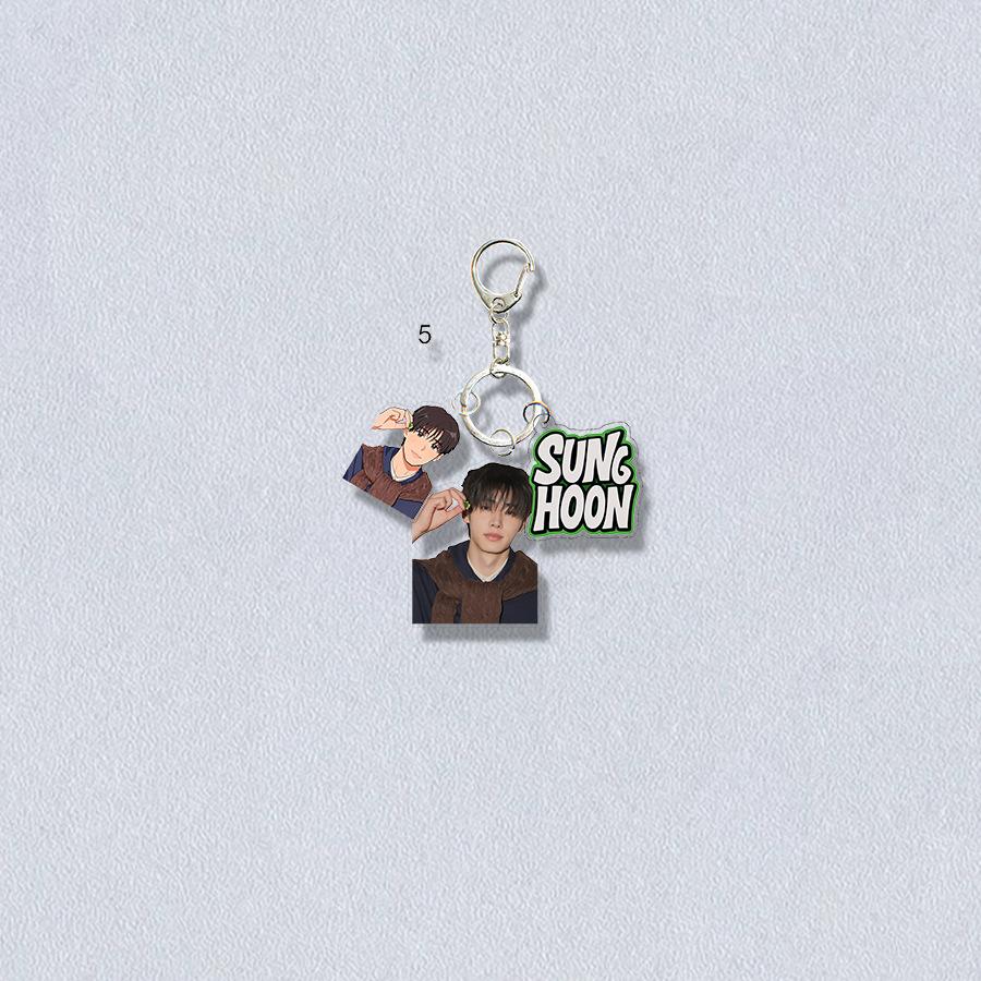 ENHYPEN Triple-Charm Acrylic Keychain, Idol Photo + Matching Cartoon + Nameplate Bag Pendant, Engene Fans Kpop Collectible Accessory