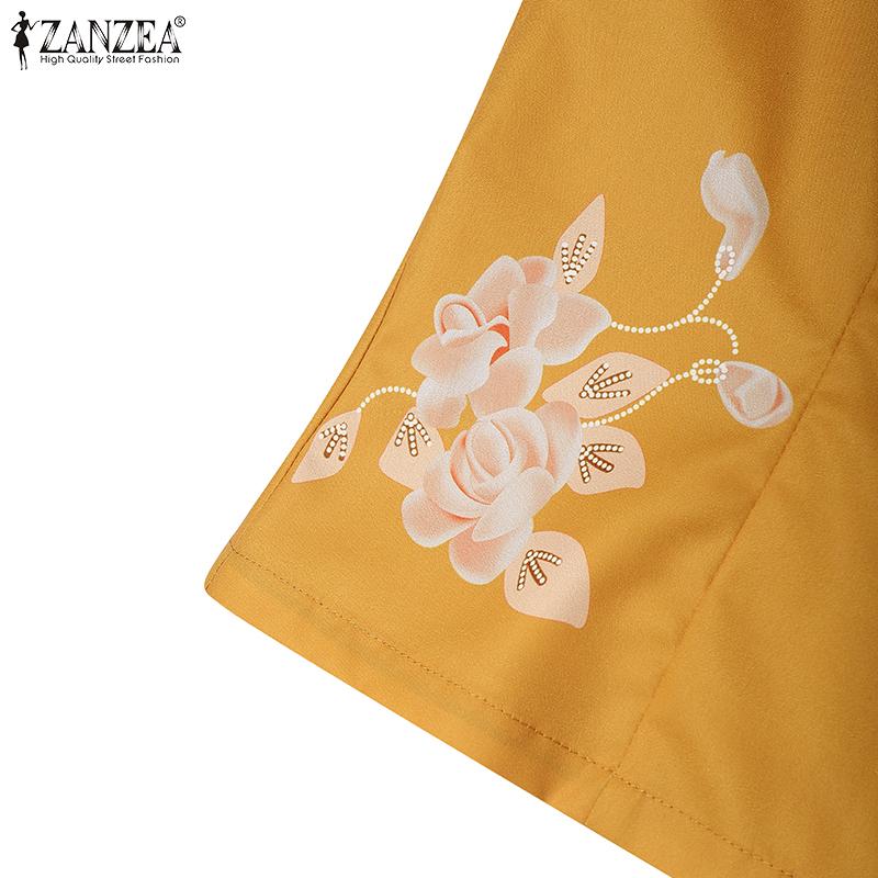 ZANZEA Women Turn Down Collar Summer Short Sleeve Casual Print Blouse