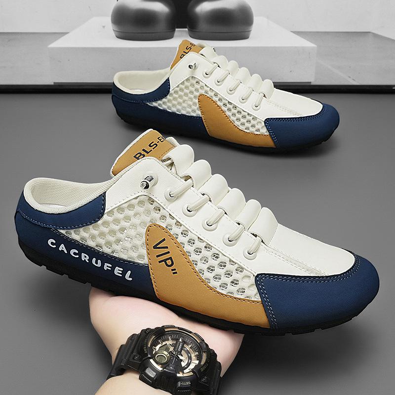 Baotou Half-tray Shoes Men's New Mesh Breathable One-pedal Lazy Shoes Flat-bottom Hollow Mesh Shoes Casual Board Shoes