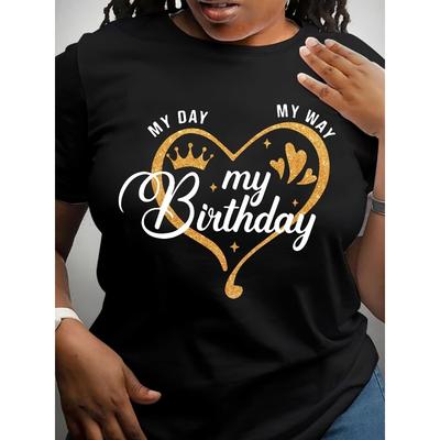 T-shirt Nera da Donna Taglia Europea con Grafica Cuore Dorato "Il Mio Compleanno" - Top Estivo Casual con Scollo a Girocollo, Lavabile in Lavatrice, Outfit per il Compleanno
