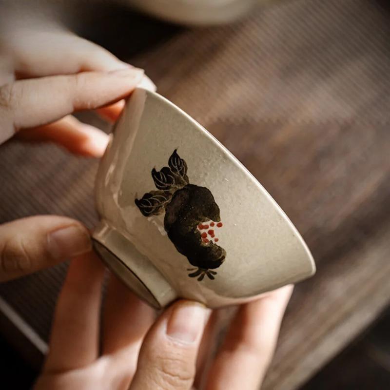 100ml Hand-painted Pomegranate Tea Cup Underglaze Color Master Single Cup Powder Yin Mug Coarse Tasting Tea Bowl Kung Fu Teaset