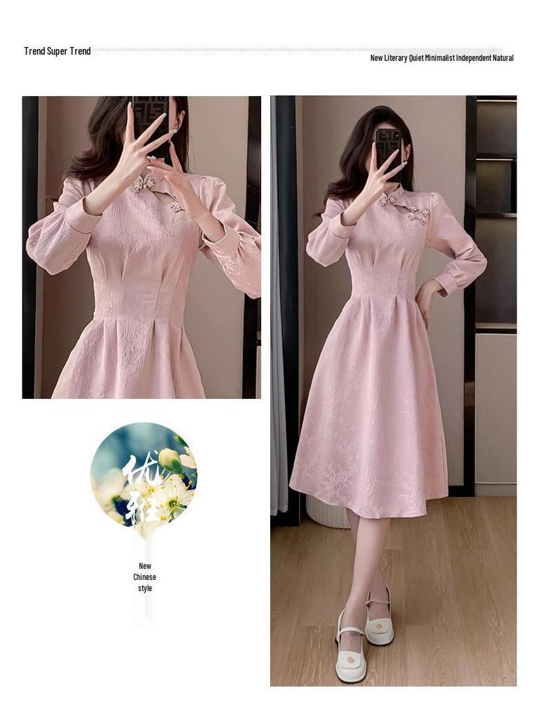 Pink Cheongsam Long Sleeve Bridesmaid Dress - Spring Engagement and Homecoming Style