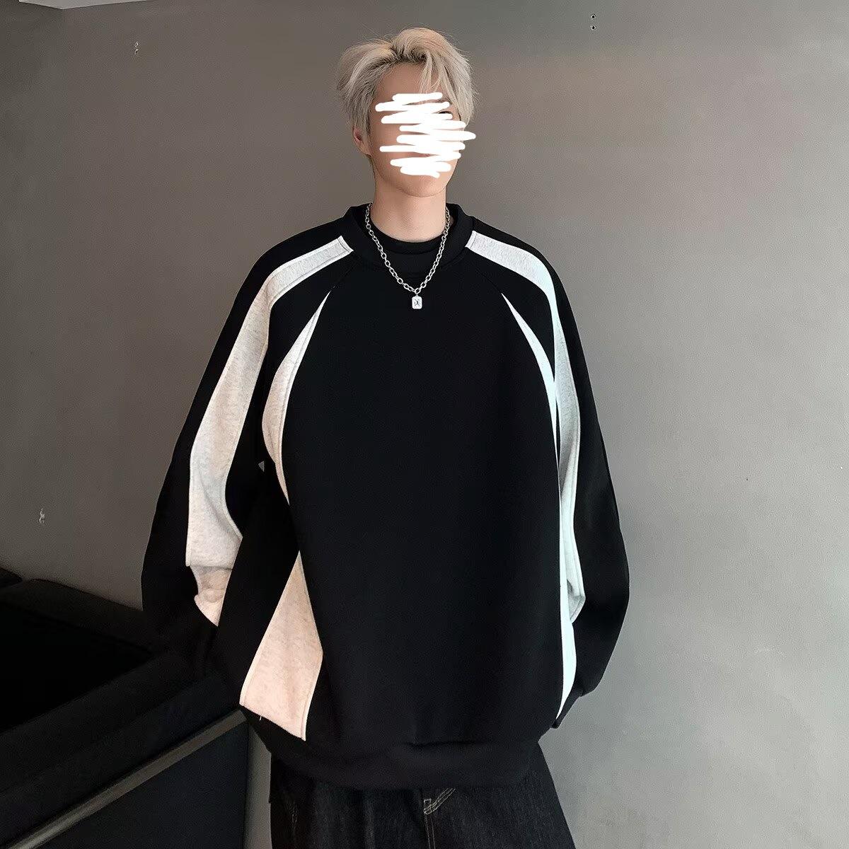 Американский свитшот из флиса с контрастными вставками мужской осенне-зимний новый модный бренд тяжелый свободный повседневный топ с круглым вырезом куртка 3XL чёрный 2890₽