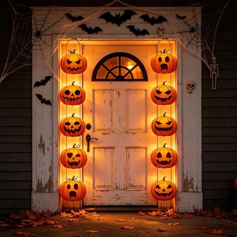 Halloween Entry Sign Set, Two Cardstock Hanging Panels with Grin Face Cutouts for Glass Display, Party Scene, Hall Styling and Room Entry