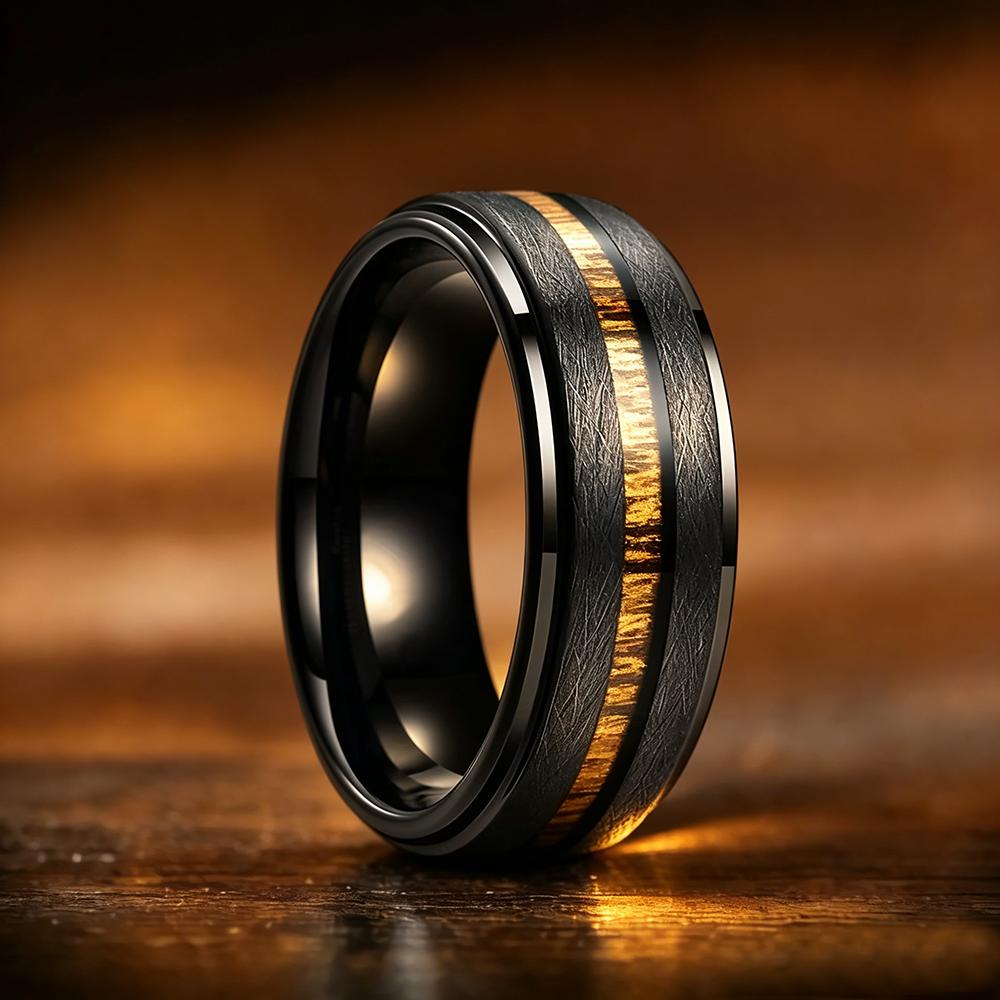 Mit Hawaiianischem Koa-Holz-Inlay-Ringen Matt Gebürstetes Finish Mode 8mm Schwarze Edelstahlringe für Herren Hochzeits Schmuck 7