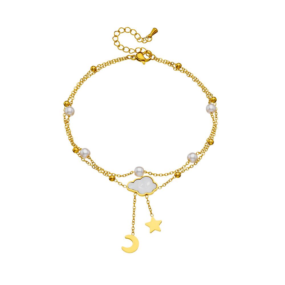 18K Gold Plated Layered Butterfly Shell Pearl Anklet, Dainty Double Chain Foot Bracelet for Women, Beach Jewelry