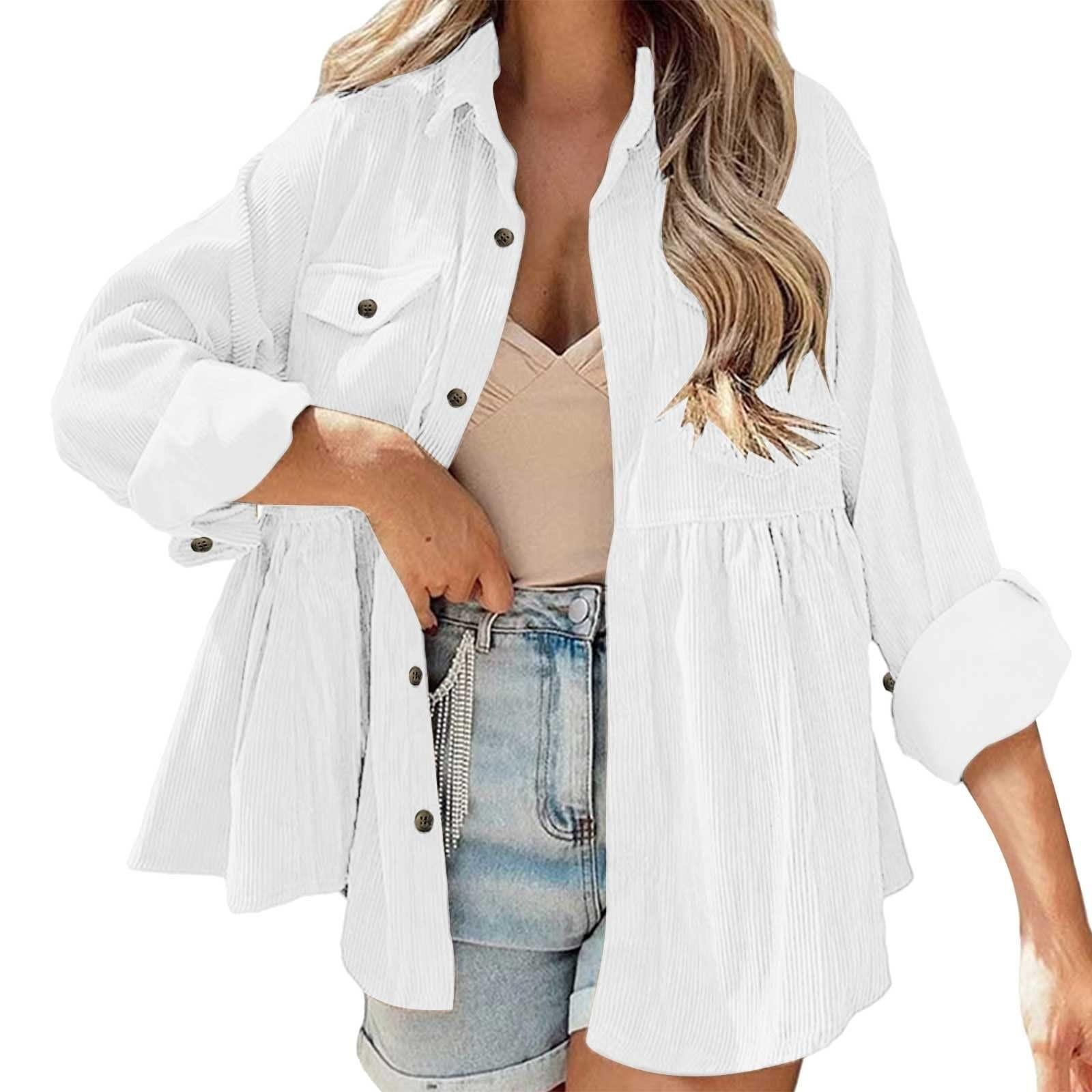 

Женские топы с длинными рукавами, повседневные рубашки, карманы на пуговицах, базовые вельветовые футболки с рюшами, кардиган XL белый