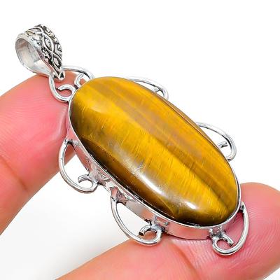 Natural Tiger Eye Gemstone Handmade 925 Sterling Silver Pendant 2.13" e0M29