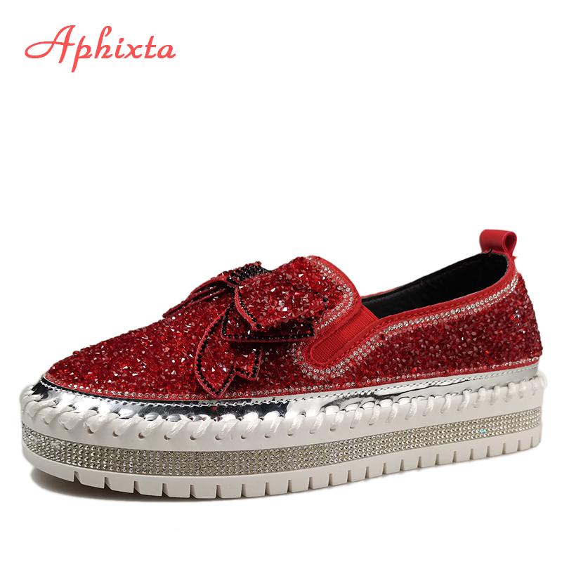 Fashion Aphixta Fashion Big Size 42 43 Flats Women Leather Loafers Flat Platform Wine Red Shoes Crystal Sequined Bow Casual Shoes