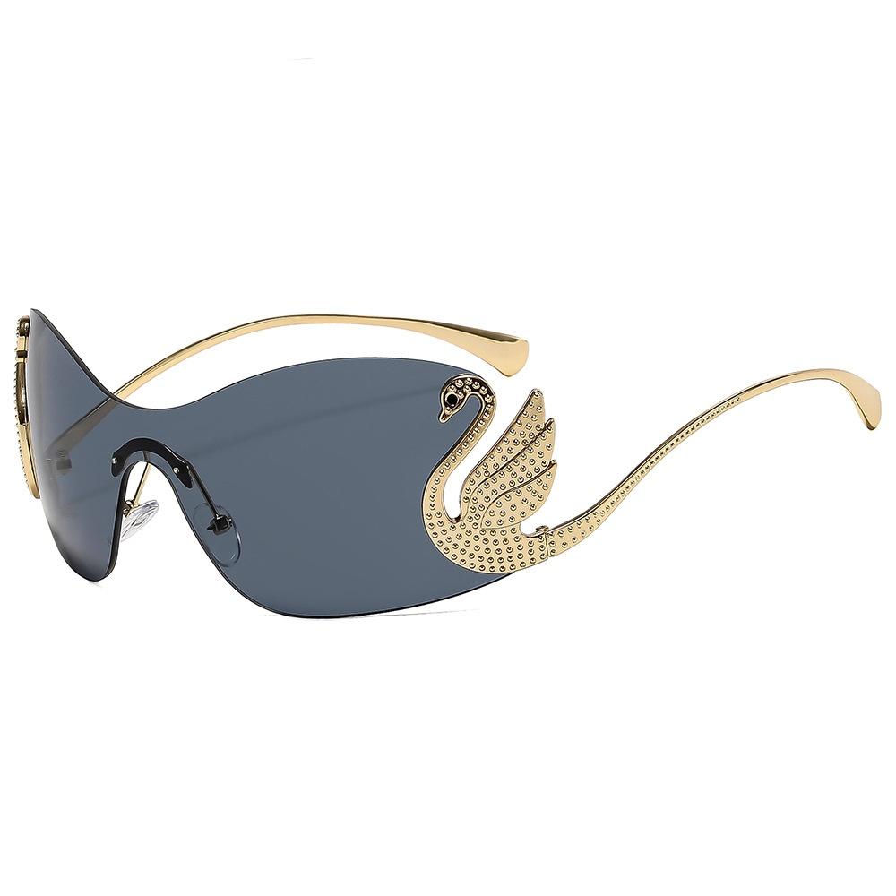 New Fashion Women Oversized Frameless Sunglasses Ins Luxury Personality Swan Inlaid Integrated Gradient Lens Sun Glasses Uv400