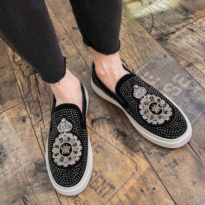 New Luxury Men Embroidered Rhinestone Loafter Leisure Leather Shoes Male Comfortable Sneakers Tenis Masculino Zapatos Hombre