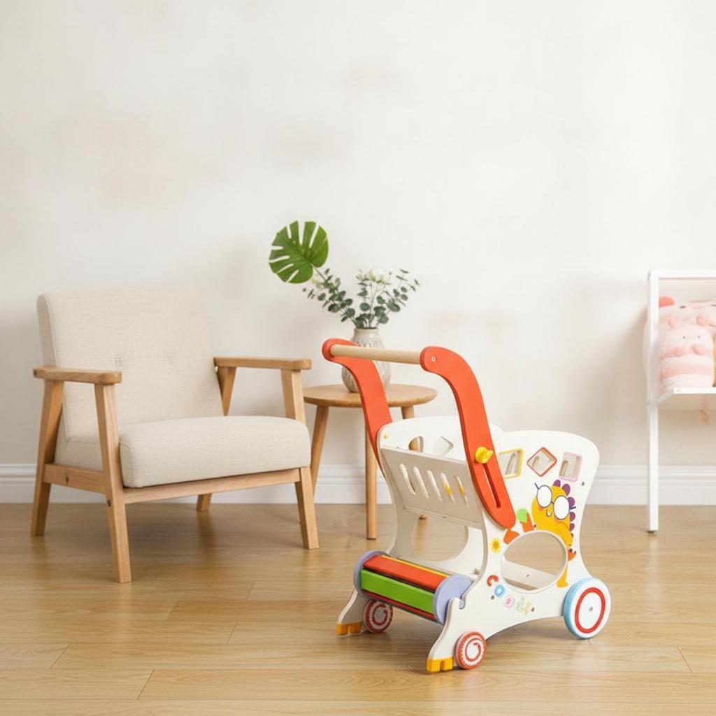 Wooden Infant Pusher Cart Cutout Openings Push Stacking Rings Play for Young