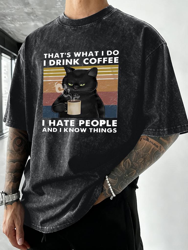 Cats Love To Drink Coffee Pattern Washed TShirts Men Oversized Casual T Shirt Sport Crewneck Tee Tops Cotton Summer Clothes
