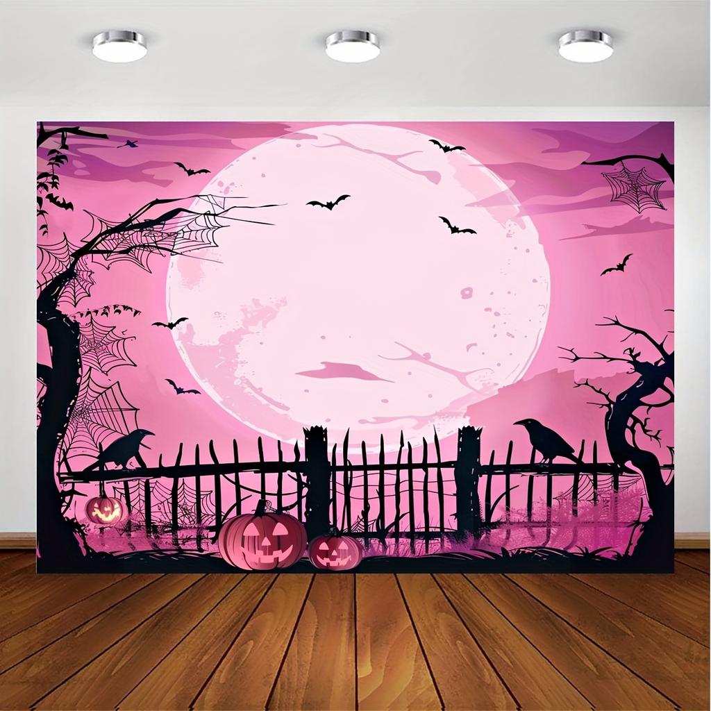 Halloween Moonlight Night Party - Large Pumpkin and Witch-Castle Horror House Design Polyester Background Fabric.PMJ