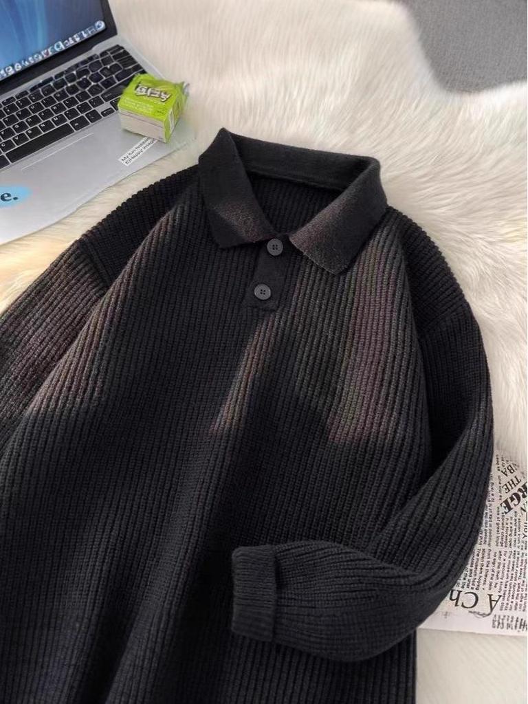 Men's Loose Fit Lapel Sweater - Trendy Hong Kong Style, Versatile Long Sleeve Solid Color Knitwear for Autumn and Winter.