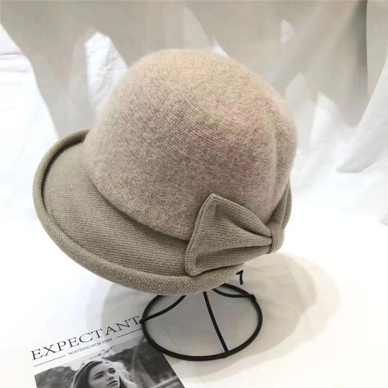 

Элегантная шерстяная шляпа-ведро с бантом женская осенне-зимняя британская модная теплая шляпа-ведро Adult (56-58cm) бежевый