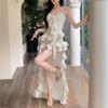 French Ruffled Irregular Spaghetti Strap Dress, Fairy Spring Elegance, Pure and Alluring Seaside Vacation Beach Long Dress