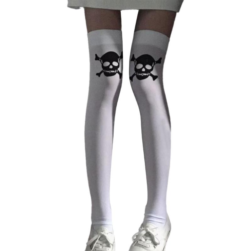 Women Gothic Skeleton Print Over Knee Socks Elastic Nylon Blend Thigh High Stockings For Halloween Event And Fall Outfit