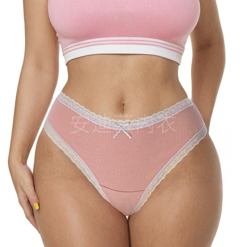 Women Pure Cotton Sexy Lace Mid Waist Ladies Thong Underwear