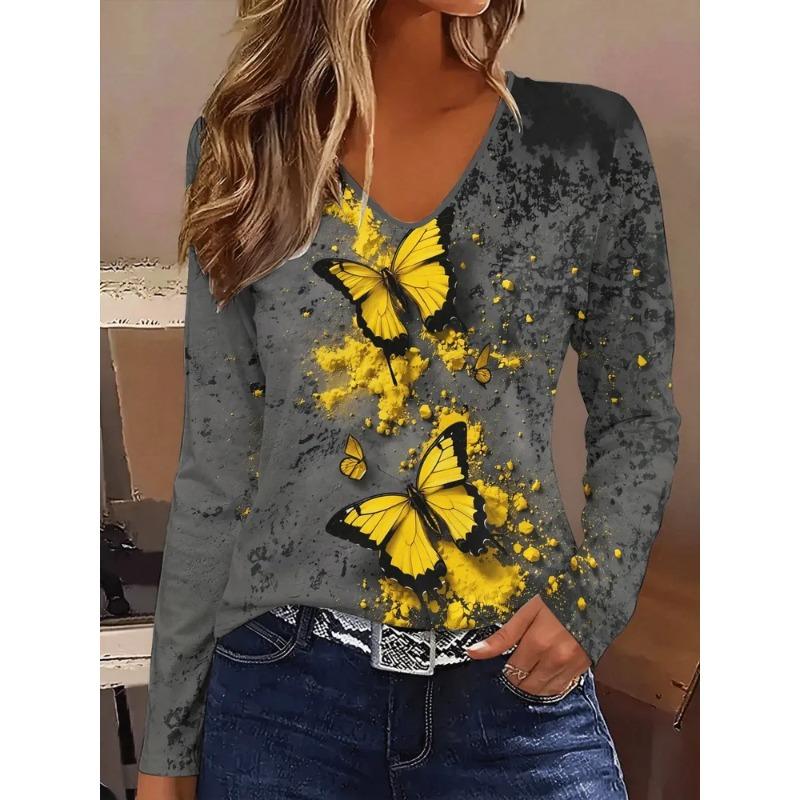 Autumn Women's 3D Printed V-Neck Long Sleeve T-Shirt