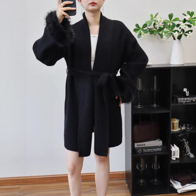 Thickened splicing wool sleeve lace-up knitted cardigan autumn and winter new temperament high-end sweater jacket women