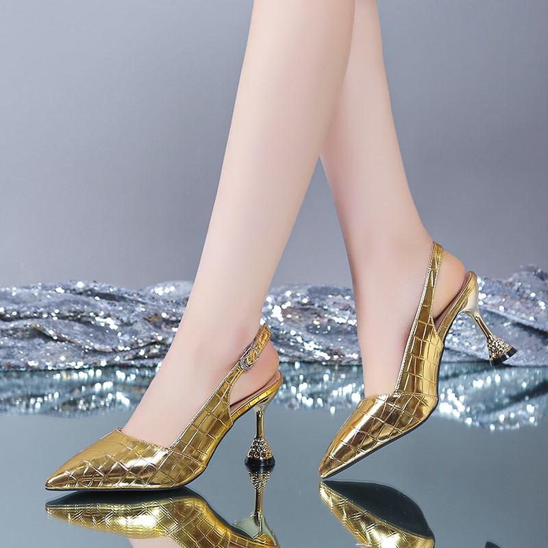 

Мода 2025 Лето Женские Золотые Серебристые Туфли-лодочки на Высоком Каблуке с Острым Носком Слингбэки Большой Размер 42 Элегантные Сандалии Офисные Туфли 42