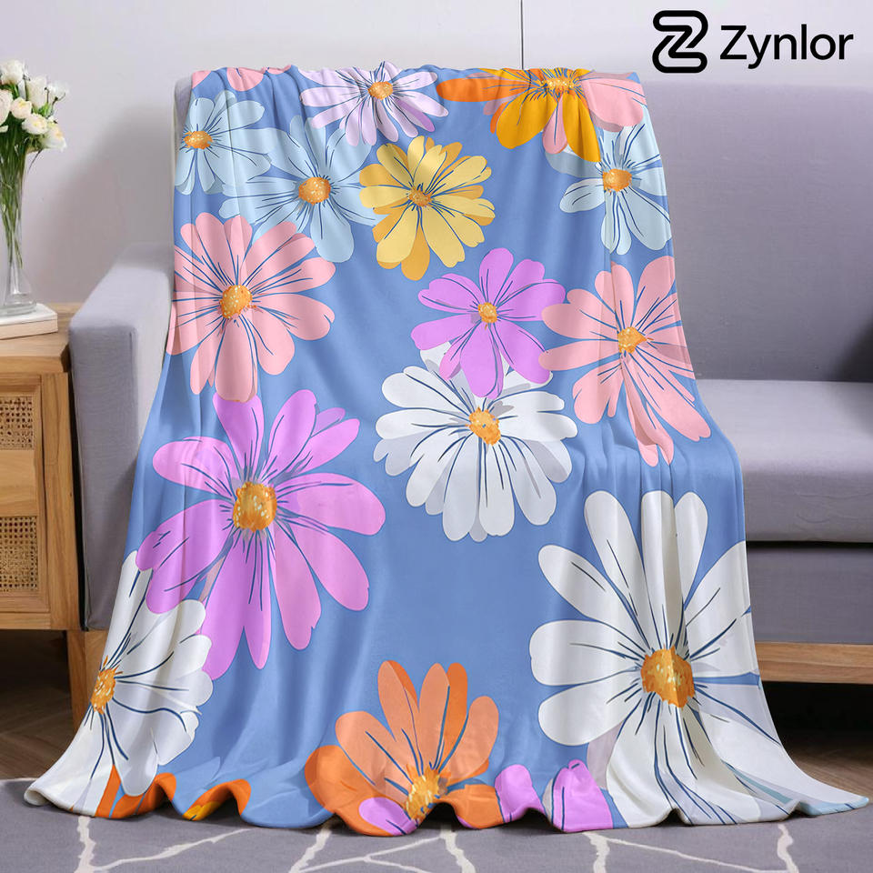 Blue Base Colorful Daisy Lightweight Microfiber Soft Christmas Fleece Blanket Warm Cozy Throw for Sofa Office Travel All Season