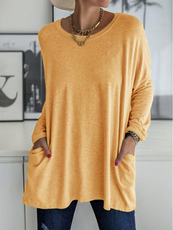 2023 Frühling/Sommer Damen Lässiges Lockeres Einfarbiges Rundhals Langarm T-Shirt mit Tasche S orange