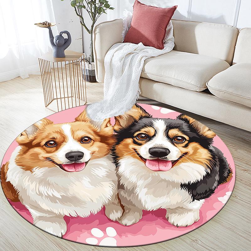 Pink Corgi pattern round rug,Carpet Rug for Living Room Bedroom  Playroom ,Non-slip Floor Mat,Holiday Gifts and Birthday Gifts.