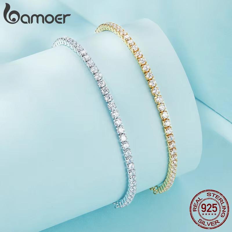 BAMOER Pulsera Clásica de Tenis Chapada en Oro de 18 Quilates con Circonita Cúbica para Mujer, Pulsera Ajustable con Deslizador de Plata 925, Joyería de Boda, Regalo