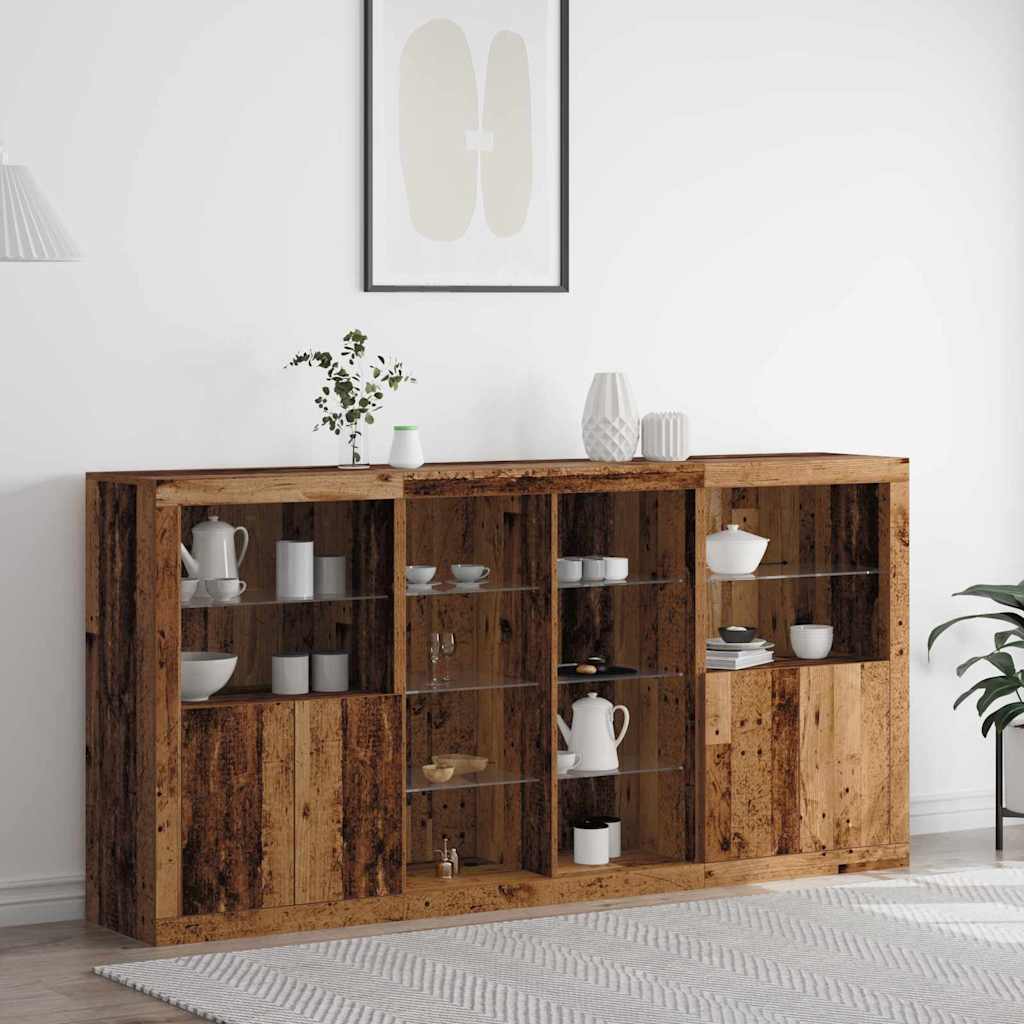 LED Sideboard Set 3 pcs Reclaimed Wood Look 202 x 37 x 100 cm Particleboard