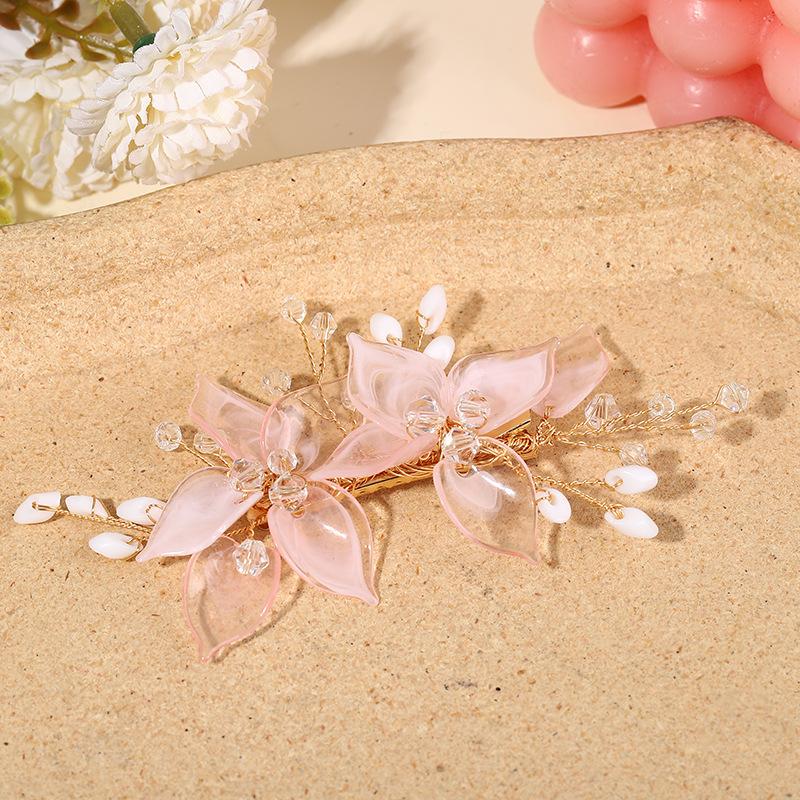 Nuevo Tocado Nupcial Europeo Hoja Cristal Perla Flor Horquilla Elegante Horquilla Cabello Boda color rosa