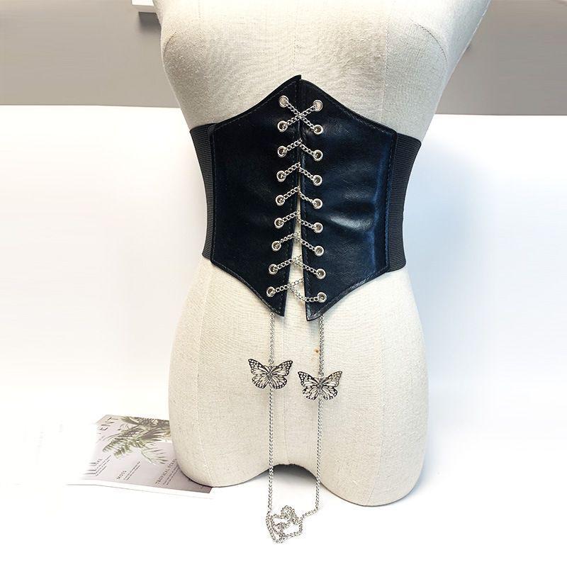 Women's Wide Corset Waistband with Tie-up Bow and Chain Embroidery