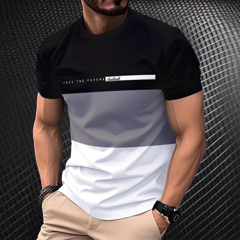 Printed Summer Men's Casual Versatile Trendy Fashion Color Blocked Short Sleeved Round Neck T-shirt