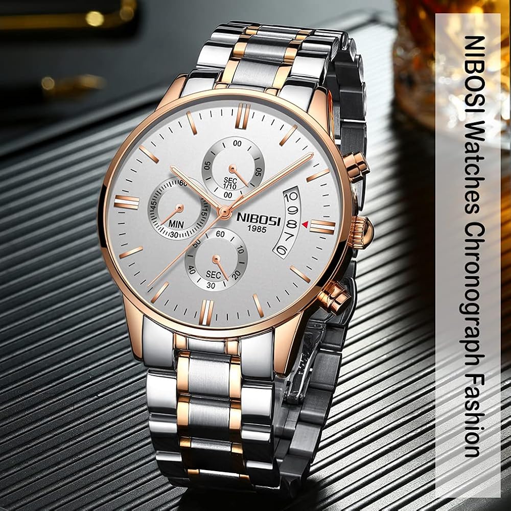 NIBOSI Men's Big Face Chronograph Analog Watch Stainless Steel Casual Date Display