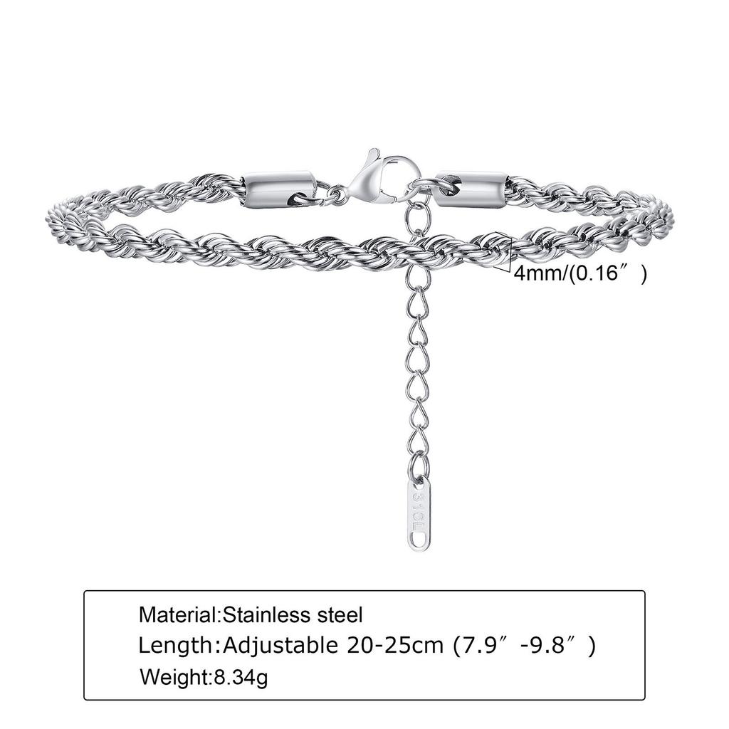 2/3/4/5mm Men's Stainless Steel Twisted Rope Chain Bracelets,Hip Hop Punk Adjustable Gold Color Chain Wristband Gift