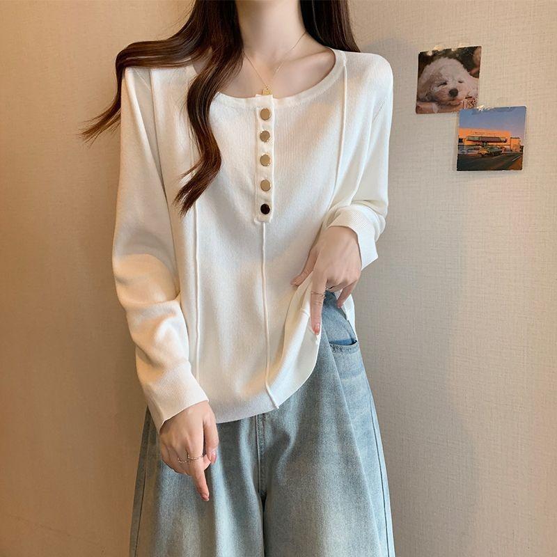

Women s Autumn and Winter Buttoned Right Shoulder Herringbone Design Long Sleeve T-Shirt Women s Wide Belly Top L белый
