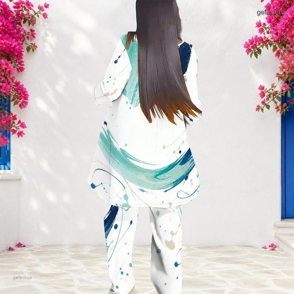 Women Plus Size Beige Green Printed Round Neck Long Sleeve Asymmetrical Top Wide Leg Pants Two Piece Set