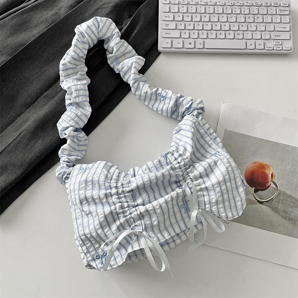 

Stripe Pleated Shoulder Bag Nylon Fresh Lace Handbag Embroidery Bow Tote Bag Travel Style1