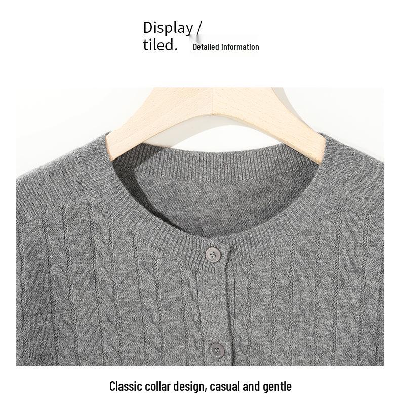 Women's 100% Wool Cable Knit Cardigan, Round Neck, Retro Raf MIU Style Sweater for Spring & Autumn.