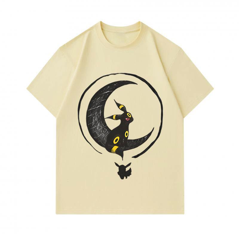 Men's 100% Cotton Crew Neck Short Sleeve T-Shirt, Casual Black Cartoon Umbreon Crescent Moon Print Tees, Comfortable Breathable Summer Daily Tops for