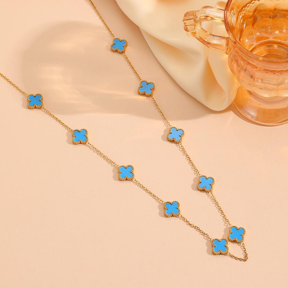 Four leaf clover stainless steel small flower double-sided shell pendant necklace