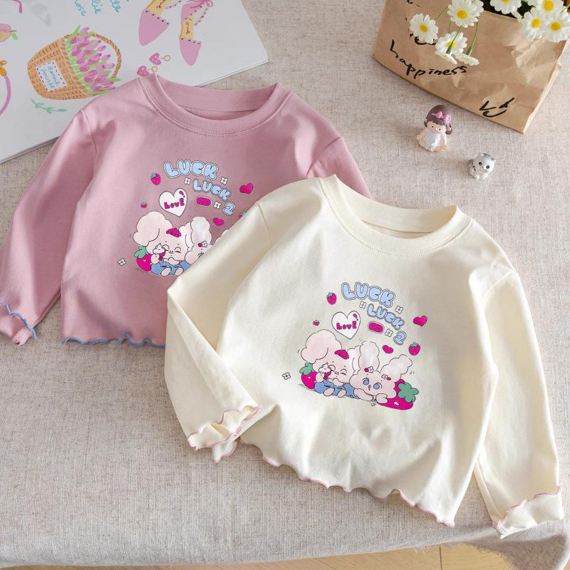 Girls Cotton Long Sleeve T Shirt Cartoon Round Neck Top Kids Ruffle Hem Base Layer Shirt For Toddler
